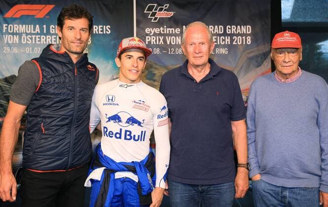 FORMULA 1 - Marc Marquez SPIELBERG,AUSTRIA,05.JUN.18 - MOTORSPORTS, FORMULA 1 - Red Bull Ring, Marc Marquez, press conference PK Pressekonferenz Image shows Mark Webber (AUS), Marc Marquez (ESP), motorsport consultant Helmut Marko (Red Bull Racing) and Niki Lauda. GEPAxpictures xMarioxBuehner