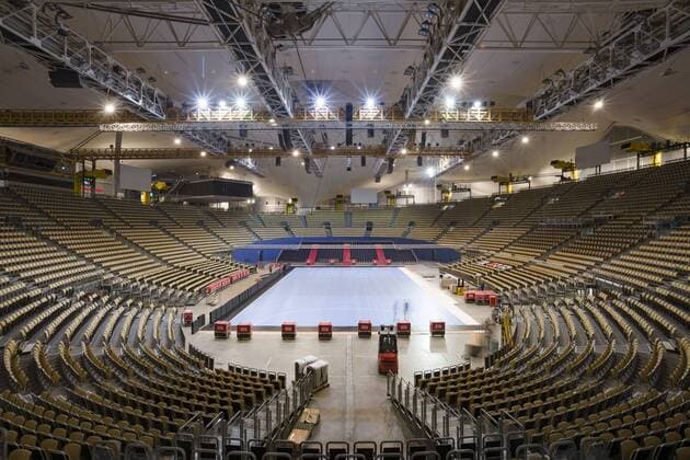 Pressekonferenz vor dem Doppel -Laenderspiel, Frauen- und Herren Nationalmannschaft gegen Polen und Norwegen, Olympiahalle Muenchen. 05.06.2018 Im Bild: Aufbau Handball Laenderspiel, Olympiahalle Â