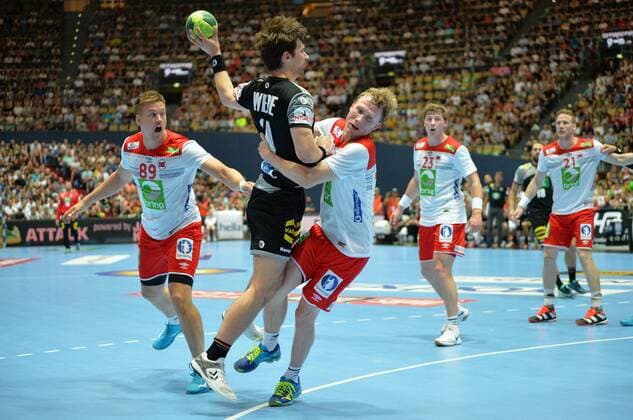 06.06.2018, xemx, Handball Testspiel, Deutschland - Norwegen, emspor, v.li: Espen Lie Hansen (Norwegen 89), Fabian Wiede (Deutschland 10), Magnus Jondal (Norwegen 17) und Goran Johannessen (Norwegen 23) Muenchen