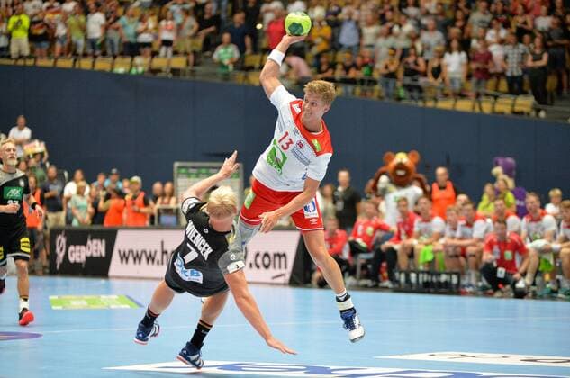 06.06.2018, xemx, Handball Testspiel, Deutschland - Norwegen, emspor, v.li: Patrick Wiencek (Deutschland 7) und Hermann Vildalen (Norwegen 13) Muenchen
