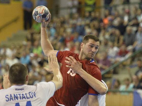 L-R Dmitrii Santalov (RUS) and Tomas Babak (CZE) in action during the men s handball World Championship WM Weltmeisterschaft qualification first game: Czech Republic vs Russia, in Pilsen, Czech Republic, on June 8, 2018. (CTKxPhoto MiroslavxChaloupka) CTKPhotoP201806081036401  _CHA7057