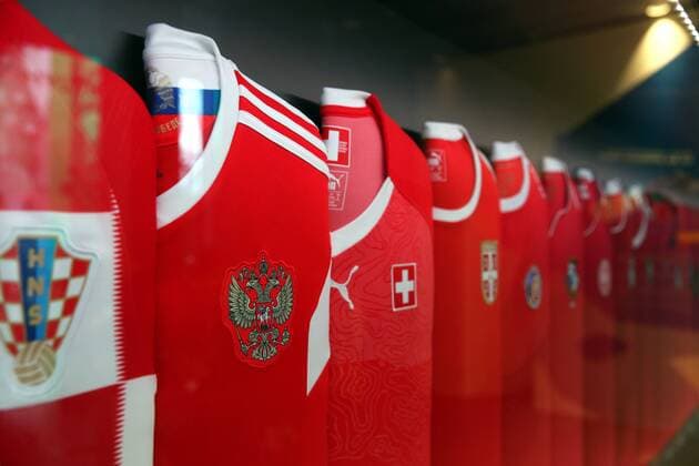 MOSCOW, RUSSIA â€“ JINE 8, 2018: Football jerseys on display at the exhibition The History Makers presented by FIFA Partner Hyundai and hosted by the FIFA World Football Museum at the Hyundai Motorstudio Moscow at Novy Arbat (New Arbat) Street ahead of the forthcoming FIFA World Cup WM Weltmeisterschaft Fussball Russia 2018. Vladimir Gerdo TASS  TS083277