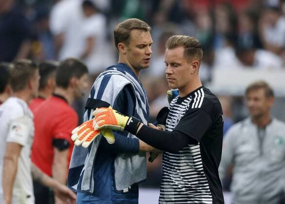 Fussball International - Vorbereitungsspiel, Deutschland (GER) - Saudi Arabien (SA ) 2-1 in der Bay-Arena in Leverkusen am 08. Juni 2018 Torwart Manuel NEUER (GER) li.- und Marc-Andre ter STEGEN (GER) re.-