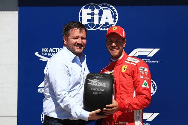Bilder des Tages - SPORT 9th June 2018, Circuit Gilles-Villeneuve, Montreal, Canada; Canadian Formula One Grand Prix, qualification; Scuderia Ferrari, Sebastian Vettel takes pole and the pole trophy  ActionPlus12035031 Octane