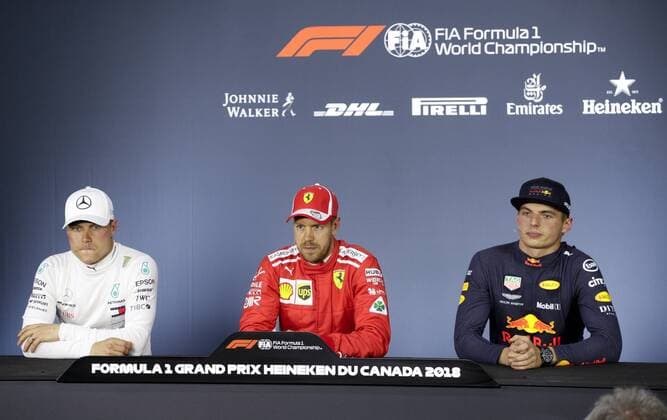 Motorsports: FIA Formula One World Championship WM Weltmeisterschaft 2018, Grand Prix of Canada 33 Max Verstappen (NDL, Red Bull Racing), 77 Valtteri Bottas (FIN, Mercedes AMG Petronas), , 5 Sebastian Vettel (GER, Scuderia Ferrari) Montreal Canada