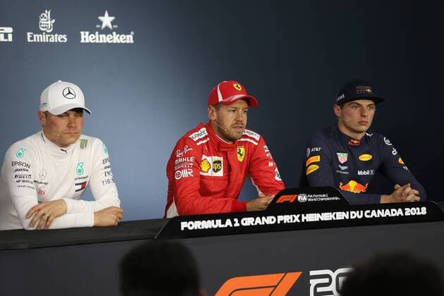 Photo4 LaPresse 09 06 2018 Montreal, Canada Grand Prix Formula One Canada 2018 In the pic: after Qualifying Official Fia press conference PK Pressekonferenz L to R Valtteri Bottas (FIN) Mercedes AMG F1 W09, Sebastian Vettel (GER) Scuderia Ferrari SF71H and Max Verstappen (NED) Red Bull Racing RB14  Copyright: xPhoto4 LaPressex