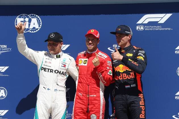 Photo4 LaPresse 09 06 2018 Montreal, Canada Grand Prix Formula One Canada 2018 In the pic: pole position celebration: pole Sebastian Vettel (GER) Scuderia Ferrari SF71H, 2nd place Valtteri Bottas (FIN) Mercedes AMG F1 W09, 3rd place Max Verstappen (NED) Red Bull Racing RB14  Copyright: xPhoto4 LaPressex
