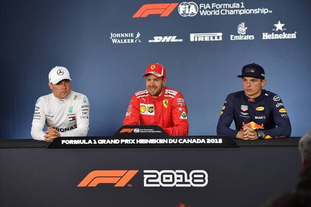 Valtteri Bottas; Mercedes Grand Prix, Sebastian Vettel, Scuderia Ferrari, Max Verstappen, Red Bull Racing, formula 1 GP, Kanada in Montreal, 09.06.2018 Photo:mspb Jerry Andre Valtteri Bottas; Sebastian Vettel, Max Verstappen, formula 1 GP, Kanada 2018