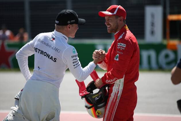 Photo4 LaPresse 09 06 2018 Montreal, Canada Grand Prix Formula One Canada 2018 In the pic: Sebastian Vettel (GER) Scuderia Ferrari SF71H and Valtteri Bottas (FIN) Mercedes AMG F1 W09  Copyright: xPhoto4 LaPressex