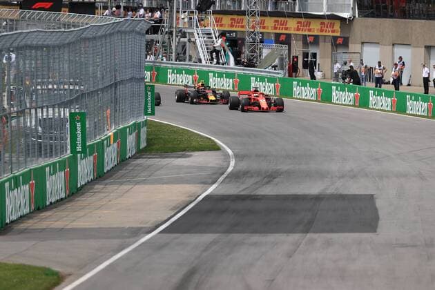 10th June 2018, Circuit Gilles-Villeneuve, Montreal, Canada; Canadian Formula One Grand Prix, race day; Scuderia Ferrari, Sebastian Vettel leads into turn 1 on lap 1  ActionPlus12035531 Octane
