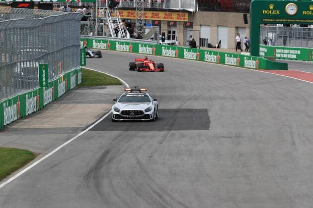 10th June 2018, Circuit Gilles-Villeneuve, Montreal, Canada; Canadian Formula One Grand Prix, race day; Scuderia Ferrari, Sebastian Vettel leads under safety car precaution  ActionPlus12035545 Octane
