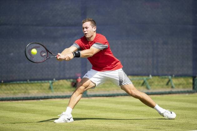 11th June 2018, Nottingham Tennis Centre, Nottingham, England; The Nature Valley Open Tennis Tournament; Dominik Koepfer (GER) reaches for a forehand in his game against Frederik Nielsen (DEN)  ActionPlus12035810 DavidxKissman