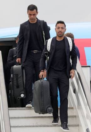 MOSCOW REGION, RUSSIA - JUNE 11, 2018: Mexican football players Marco Fabian (front) and Rafael Marquez disembark from an airliner as Mexico s national football team arrives at Sheremetyevo International Airport, ahead of FIFA World Cup WM Weltmeisterschaft Fussball Russia 2018. Sergei Bobylev TASS  TS0838E4