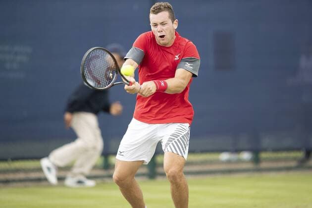 12th June 2018, Nottingham Tennis Centre, Nottingham, England; The Nature Valley Open Tennis Tournament; Dominik Koepfer (GER) plays a backhand as he tries to stay in the match with Daniel Evans (GBR)  ActionPlus12036138 DavidxKissman
