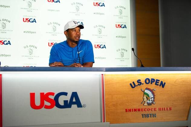 Bilder des Tages - SPORT Tiger Woods speaks at a press conference PK Pressekonferenz on the Tuesday before the 118th U.S. Open Championship at Shinnecock Hills Golf Club in Southampton, New York on June 12, 2018.  NYP20180612110 COREYxSIPKIN