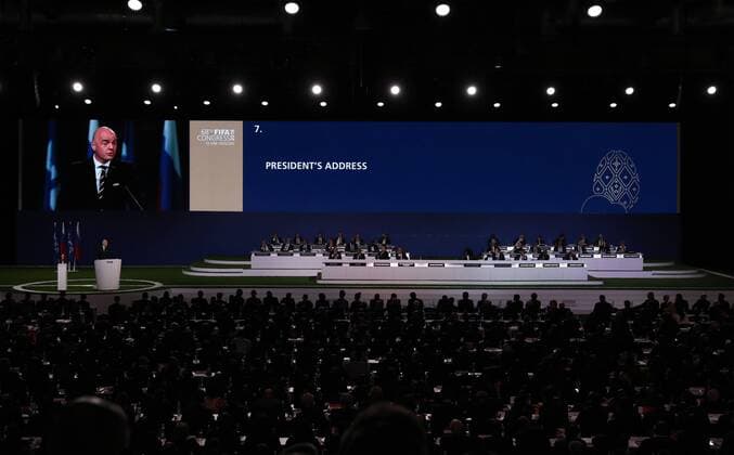 (180613) -- MOSCOW, June 13, 2018 -- FIFA President Gianni Infantino delivers a speech at the 68th FIFA Congress in Moscow, Russia, on June 13, 2018. The 68th FIFA Congress opened here on Wednesday, one day before the first match of the 2018 World Cup in Russia kicked off. ) (SP)RUSSIA-MOSCOW-68TH FIFA CONGRESS XuxZijian 