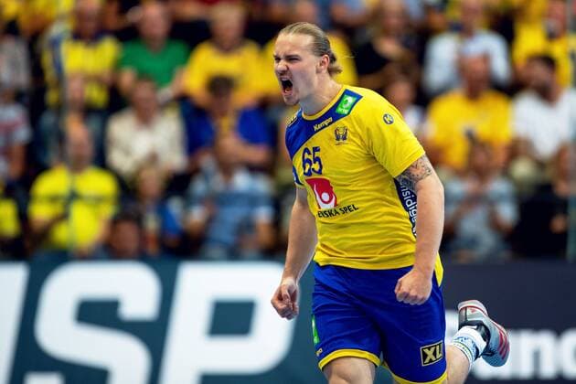 Handball, WM Qualifikation, Schweden - Niederlande 180613 Sveriges Lukas Nilsson jublar under VM-kvalmatchen i handboll mellan Sverige och Nederländerna den 13 juni 2018 i Kristianstad. Copyright: MATHILDAxAHLBERG BB180613MA016