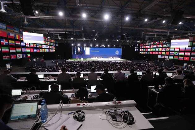 WM 2018, FIFA Kongress in Moskau, WM-Vergabe 2026 June 13, 2018 - EUM20180613DEP04.JPG.MOSCÃö, Rusia., SoccerFutbol-Mundial.- Aspectos del 68 congreso de la FIFA, este 13 de junio de 2018 en el Expocentro de Moscu, en donde se anuncia que la sede del Mundial 2026 sera en Estados Unidos, Mexico y Canada. Foto: Agencia EL UNIVERSALLuis CortesMAR. Latin News: June 13, 2018  - ZUMAu78_ 20180613_zaf_u78_510 Copyright: xElxUniversalx