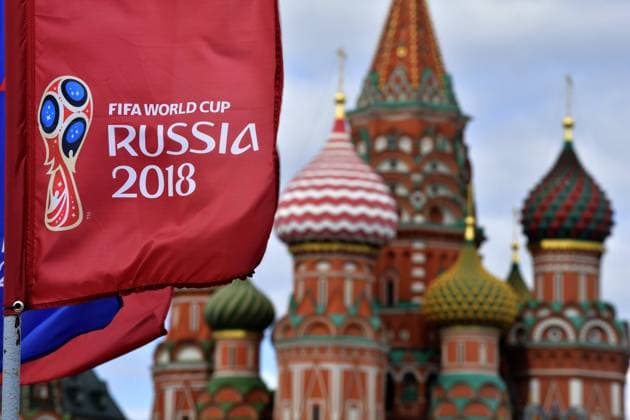 MOSCOW, RUSSIA - JUNE 14 : Illustration pictures showing the presence of the 2018 FIFA World Cup WM Weltmeisterschaft Fussball logo in the streets of Moscow center on June 14, 2018 in Moscow, Russia, 14 06 2018 FOOTBALL : Ambiance - Coupe du Monde 2018 - Moscou - 14 06 2018 Photonews Panoramic 