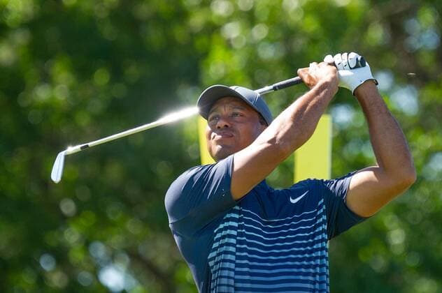 Tiger Woods drives his shot from the 7th tee box in the first round of the 118th U.S. Open Championship at Shinnecock Hills Golf Club in Southampton, New York on June 14, 2018.  NYP20180614220 COREYxSIPKIN