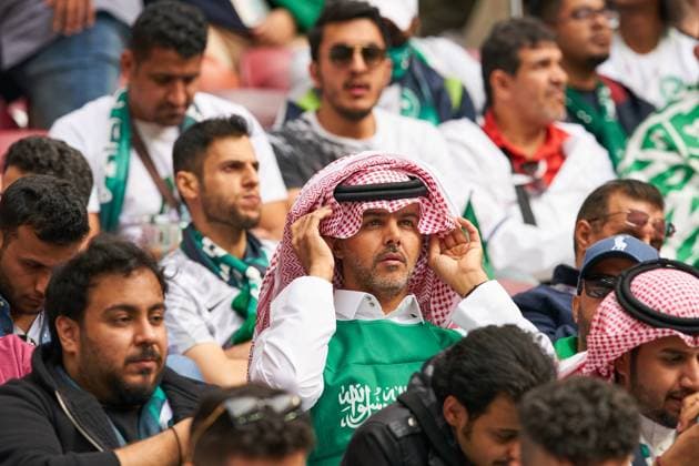 Russia- Saudi Arabia, Soccer, Moscow, June 14, 2018 fans, supporters, spectators, club flags, celebration. Paint on face, face painting, make-up, laugh, happy, celebration, RUSSIA - SAUDI ARABIA 5-0 FIFA World Cup WM Weltmeisterschaft Fussball 2018 RUSSIA opening match, Season 2018 2019, June 14, 2018 Luzhniki Stadium in Moscow, Russia. Photo: MAGICS Peter Schatz