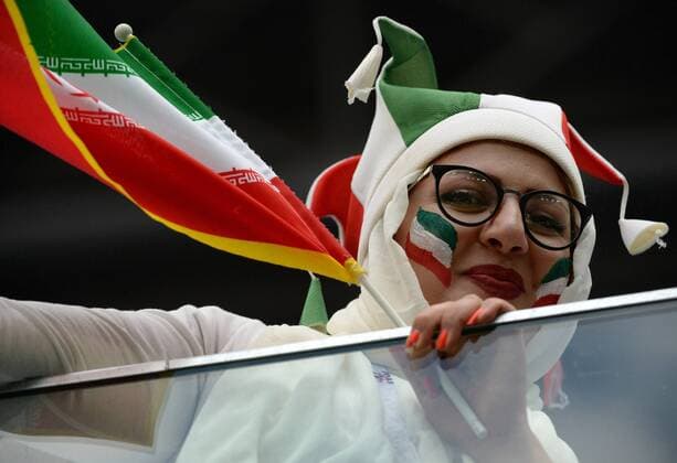 WM 2018, Fans Russia, St. Petersburg, on June 15, 2018. 2018 FIFA World Cup WM Weltmeisterschaft Fussball Russia. The match of the group stage of the FIFA World Cup - 2018 between national teams of Morocco and Iran. In the picture: fans of the national team Nationalteam of Iran.