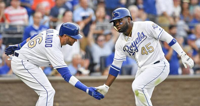 June 15, 2018 - Kansas City, MO, USA - The Kansas City Royals Paulo Orlando, left, and Abraham Almonte score on a double by Mike Moustakas in the third inning against the Houston Astros on Friday, June 15, 2018, at Kauffman Stadium in Kansas City, Mo. Houston at Kansas City - ZUMAm67_ 20180615_zaf_m67_004 Copyright: xJohnxSleezerx