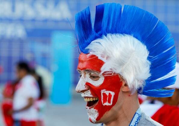 WM 2018, Fans SARANSK, RUSSIA â€“ JUNE 16, 2018: Supporter of the Danish men s national football team outside Mordovia Arena Stadium ahead of the 2018 FIFA World Cup WM Weltmeisterschaft Fussball Group C match between Peru and Denmark. Mikhail Japaridze TASS  TS08496C