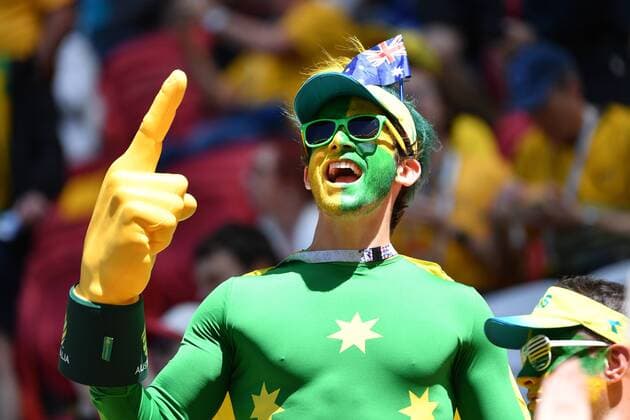 WM 2018, Fans Fan,Fussballfan,Australien,Mann,maennlich,in Verkleidung, Frankreich (FRA)-Australien (AUS) 2-1, Vorrunde, Gruppe C, Spiel 5, am 16.06.2018 in Kasan,Kasan Arena. Fussball Weltmeisterschaft 2018 in Russland vom 14.06. - 15.07.2018. *** Fan Soccer fan Australia Male in disguise France FRA Australia AUS 2 1 Preliminary Group C Match 5 on 16 06 2018 in Kazan Kazan Arena Soccer World Cup 2018 in Russia on 14 06 15 07 2018