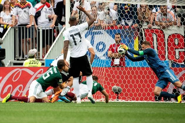 180617 goalkeeper Manuel Neuer of Germany saves a shot from Hector Moreno of Mexico during the FIFA World Cup WM Weltmeisterschaft Fussball group stage match between Germany and Mexico on June 17, 2018 in Moscow. Photo: Petter Arvidson BILDBYRAN kod PA 92069 Copyright: PETTERxARVIDSON BB180617PA046