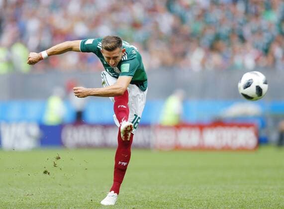 Football: Germany vs Mexico at World Cup Hector Herrera of Mexico takes a shot against Germany during the first half of a World Cup group stage match at Luzhniki Stadium in Moscow on June 17, 2018. 