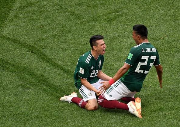 (180617) -- MOSCOW, June 17, 2018 -- Hirving Lozano (L) celebrates his scoring during a group F match between Germany and Mexico at the 2018 FIFA World Cup WM Weltmeisterschaft Fussball in Moscow, Russia, June 17, 2018. ) (SP)RUSSIA-MOSCOW-2018 WORLD CUP-GROUP F-GERMANY VS MEXICO WangxYuguo 