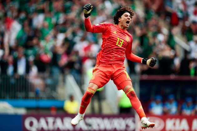 MOSCOW, RUSSIA - JUNE 17, 2018: Mexico s goalkeeper Guillermo Ochoa celebrates as the team scores in the 2018 FIFA World Cup WM Weltmeisterschaft Fussball Group F football match against Germany at Luzhniki Stadium. Denis Tyrin TASS  TS084C6F