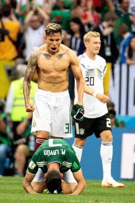 180617 Carlos Salcedo of Mexico celebrates after the FIFA World Cup WM Weltmeisterschaft Fussball group stage match between Germany and Mexico on June 17, 2018 in Moscow. Photo: Petter Arvidson BILDBYRAN kod PA 92069 Copyright: PETTERxARVIDSON BB180617PA078