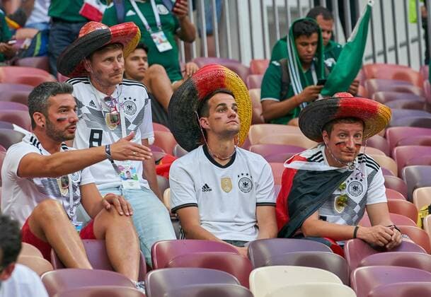 Germany - Mexico, Soccer, Moscow, June 17, 2018 fans, supporters, spectators, club flags, celebration. sad, disappointed, angry, Emotions, disappointment, frustration, frustrated, sadness, desperate, despair, GERMANY - MEXICO FIFA World Cup WM Weltmeisterschaft Fussball 2018 RUSSIA, Group F, Season 2018 2019, June 17, 2018 L u z h n i k i Stadium in Moscow, Russia. Photo: MAGICS Peter Schatz