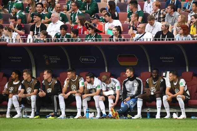 Fussball, Herren, Saison 2017 18, Weltmeisterschaft in Russland, Gruppe F (1. Spieltag, Luschniki-Stadion Moskau), Deutschland - Mexiko, Sami Khedira (Nr. 6, Deutschland), Matthias Ginter (Nr. 4, Deutschland), TW Marc-Andre ter Stegen (Nr. 22, Deutschland), Niklas Süle (Nr. 15, Deutschland), Marvin Plattenhardt (Nr. 2, Deutschland), Julian Brandt (Nr. 20, Deutschland), TW Kevin Trapp (Nr. 12, Deutschland), Antonio Rüdiger (Nr. 16, Deutschland) und Leon Goretzka (Nr. 14, Deutschland) auf der Bank, 17.06.2018, Copyright: xMatthiasxKochx