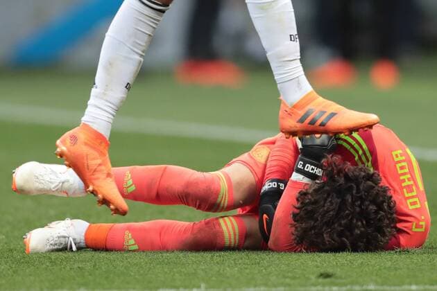KAZAN, RUSSIA - JUNE 17: goalkeeper Guillermo Ochoa of Mexico makes a save during a Group F 2018 FIFA World Cup WM Weltmeisterschaft Fussball soccer match between Germany and Mexico on June 16, 2018, at Kazan Arena in Kazan, Russia. (Photo by Anatoliy Medved Icon Sportswire) SOCCER: JUN 17 FIFA World Cup Group Stage - Germany v Mexico Icon180617057 EDITORIAL USE ONLY