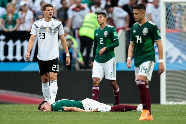 MOSCOW, RUSSIA - JUNE 17, 2018: Mexico s Miguel Layun (lying) in the 2018 FIFA World Cup WM Weltmeisterschaft Fussball Group F football match against Germany at Luzhniki Stadium. Mexico won the game 1-0. Denis Tyrin TASS  TS084D0C