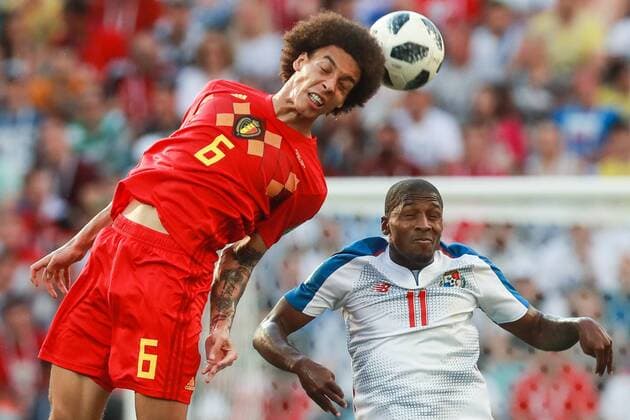 Bilder des Tages - SPORT WM 2018, Belgien - Panama SOCHI, RUSSIA - JUNE 18, 2018: Belgiumâ€™s Axel Witsel (L) and Panamaâ€™s Armando Cooper in their 2018 FIFA World Cup WM Weltmeisterschaft Fussball Group G Round 1 match at Fisht Olympic Stadium in Sochi. Sergei Fadeichev TASS  TS084F00