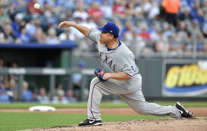 June 18, 2018 - Kansas City, MO, USA - Texas Rangers starting pitcher Bartolo Colon throws in the second inning during Monday s baseball game against the Kansas City Royals on June 18, 2018, at Kauffman Stadium in Kansas City, Mo. Rangers vs Royals - ZUMAm67_ 20180618_zaf_m67_006 Copyright: xJohnxSleezerx