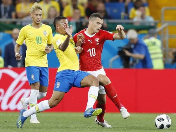 Football: Brazil vs Switzerland at World Cup Gabriel Jesus (C) of Brazil vies for possession with Switzerland s Granit Xhaka during the first half of a World Cup group stage match in the southern Russian city of Rostov-on-Don on June 17, 2018. Brazil and Switzerland drew 1-1. 