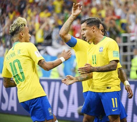 Football: Brazil vs Switzerland at World Cup Philippe Coutinho (R) of Brazil is congratulated by teammate Neymar (L) after scoring against Switzerland during the first half of a World Cup group stage match in the southern Russian city of Rostov-on-Don on June 17, 2018. Brazil and Switzerland drew 1-1. 