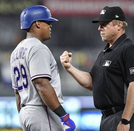 June 18, 2018 - Kansas City, MO, USA - First base umpire Bruce Dreckman calls Texas Rangers Adrian Beltre out at first on a double play in the ninth inning during Monday s baseball game against the Kansas City Royals on June 18, 2018, at Kauffman Stadium in Kansas City, Mo. The Rangers won, 6-3. Rangers beat Royals 6-3 - ZUMAm67_ 20180618_zaf_m67_018 Copyright: xJohnxSleezerx