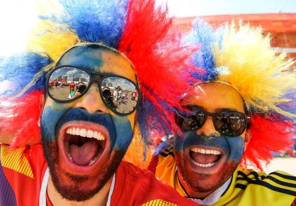 WM 2018, Fans SARANSK, RUSSIA - JUNE 19, 2018: Team Colombia s fans by Mordovia Arena Stadium ahead of the 2018 FIFA World Cup WM Weltmeisterschaft Fussball First Stage Group H football match between Colombia and Japan. Stanislav Krasilnikov TASS  TS0850C3