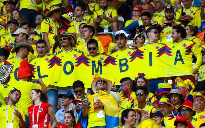 WM 2018, Fans SARANSK, RUSSIA - JUNE 19, 2018: Team Colombia s fans at Mordovia Arena Stadium ahead of the 2018 FIFA World Cup WM Weltmeisterschaft Fussball First Stage Group H football match between Colombia and Japan. Stanislav Krasilnikov TASS  TS0850E3