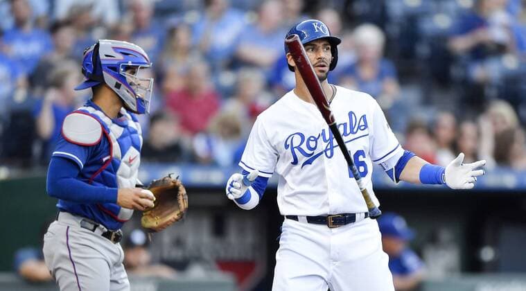 June 19, 2018 - Kansas City, MO, USA - The Kansas City Royals Paulo Orlando flips his bat around after striking out in the first inning in front of Texas Rangers catcher Robinson Chirinos at Kauffman Stadium in Kansas City, Mo., on Tuesday, June 19, 2018. Texas at Kansas City - ZUMAm67_ 20180619_zaf_m67_027 Copyright: xJohnxSleezerx