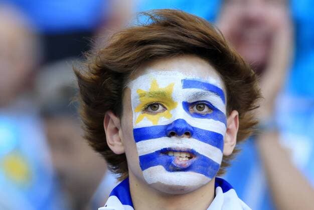 ROSTOV-ON-DON, RUSSIA - JUNE 20, 2018: Uruguay s fan ahead of the 2018 FIFA World Cup WM Weltmeisterschaft Fussball First Stage Group A football match against Saudi Arabia at Rostov Arena Stadium. EDITORIAL USE ONLY; NO COMMERCIAL USE; NO ADVERTISING Valery Matytsin TASS  TS0855BB