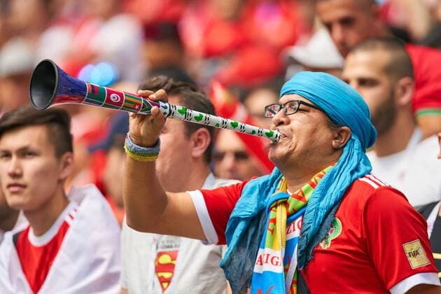 Portugal - Morocco, Soccer, Moscow, June 20, 2018 fans, supporters, spectators, club flags, celebration. with trumpet PORTUGAL - MOROCCO 1-0 FIFA World Cup WM Weltmeisterschaft Fussball 2018 RUSSIA, Group stage , Season 2018 2019, June 20, 2018 L u z h n i k i Stadium in Moscow, Russia. Photo: MAGICS Peter Schatz