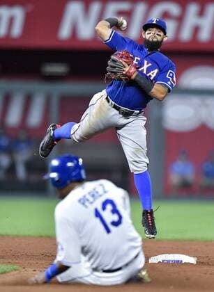 June 20, 2018 - Kansas City, MO, USA - Texas Rangers second baseman Rougned Odor forces out Kansas City Royals Salvador Perez at second but couldn t complete the double play on Hunter Dozier in the ninth inning on Wednesday, June 20, 2018, at Kauffman Stadium in Kansas City, Mo. Texas Rangers vs. Kansas City Royals - ZUMAm67_ 20180620_zaf_m67_080 Copyright: xJohnxSleezerx