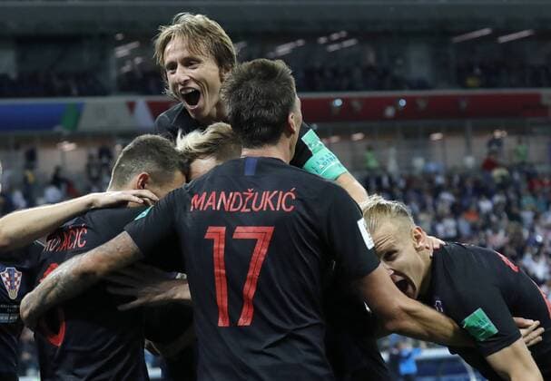 NIZHNY NOVGOROD, RUSSIA â€“ JUNE 21, 2018: Croatia s Luka Modric (facing the camera) and his teammates celebrate their team s victory in a First Stage Group D football match between Argentina and Croatia at Nizhny Novgorod Stadium at FIFA World Cup WM Weltmeisterschaft Fussball Russia 2018; Croatia won 3-0. Mikhail Japaridze TASS  TS0859D2